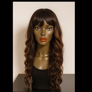 AISI QUEENS Long Wavy Synthetic Wig with Bangs - Dark Brown Auburn Highlight
